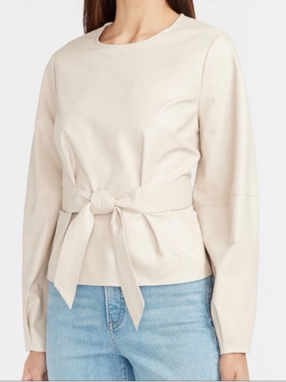 Express Cream Tie-Waist Long Sleeve Vegan leather Blouse